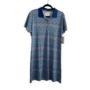 Riders By Lee Women L Blue/Teal Ditsy Floral Short Sleeve Polo Shirt Dress NWT